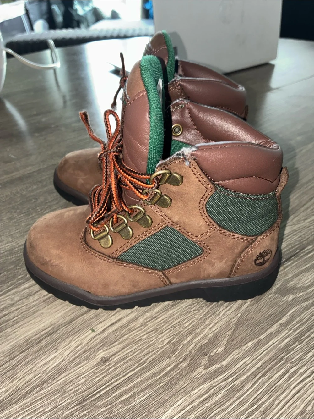 Timberland Kids Brown Leather Hiking Boots with Green Trim